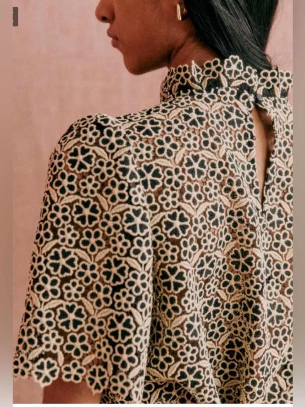 Sezane Lisana Lace Floral High-Neck Blouse in Black & Ecru